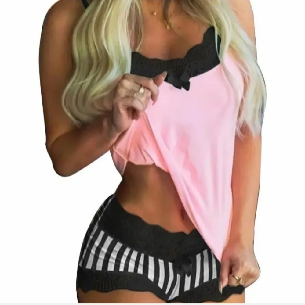 Women's Pink Striped 2 piece Sexy Lace Sleepwear Lingerie Set Size XL